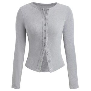 Ribbed Button Front Long Sleeve Top